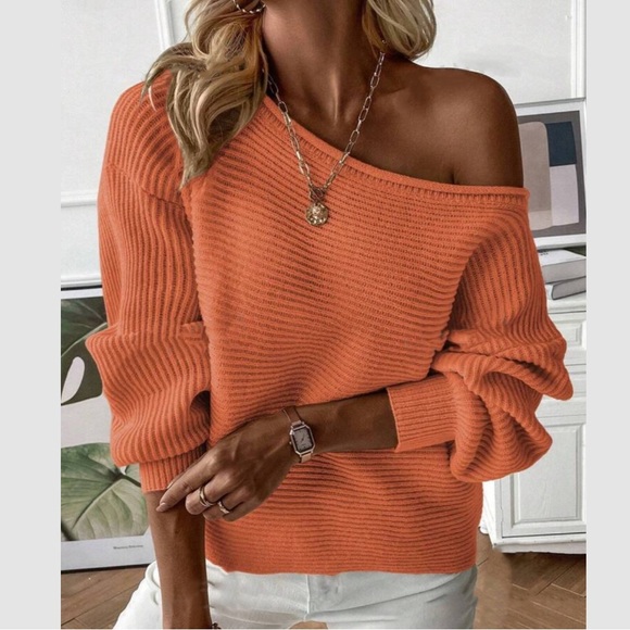 Luxe green off shoulder knit sweater top - Picture 6 of 8